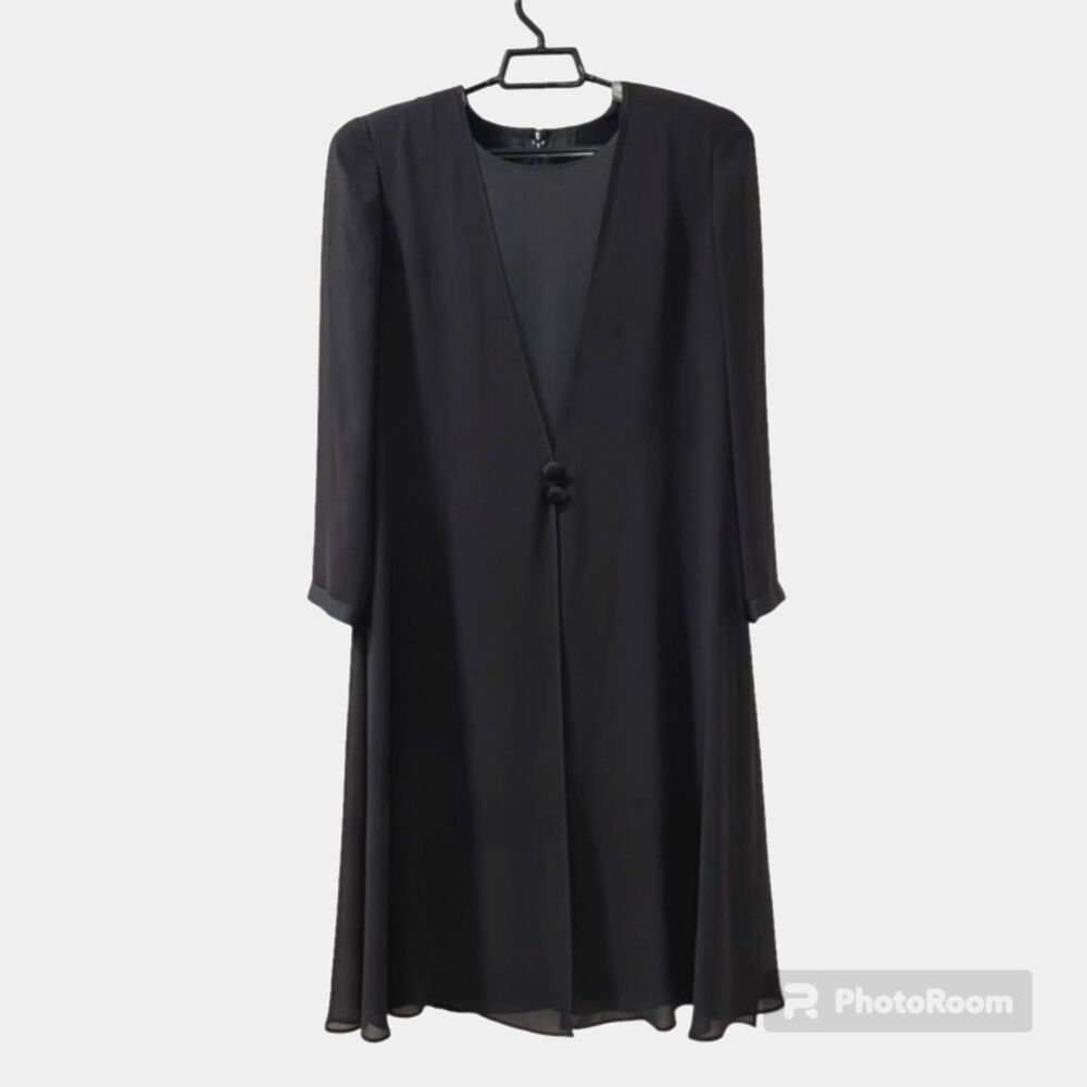 Vintage Tsantilis Charcoal Chiffon Overlay Midi Dress Long Sleeve L XL Formal